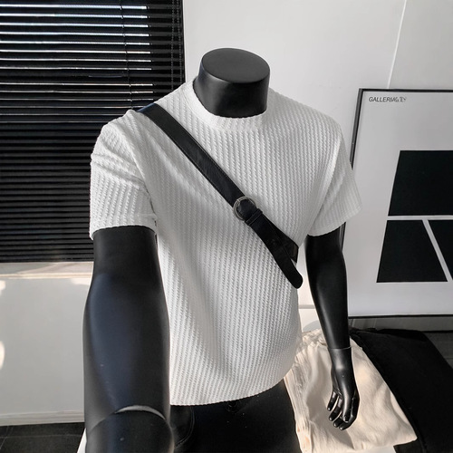 Cleanfit Black Striped Knit Short-Sleeve Men's Summer Elastic Chiffon T-shirt with Small Collar for Layering and Base Layer