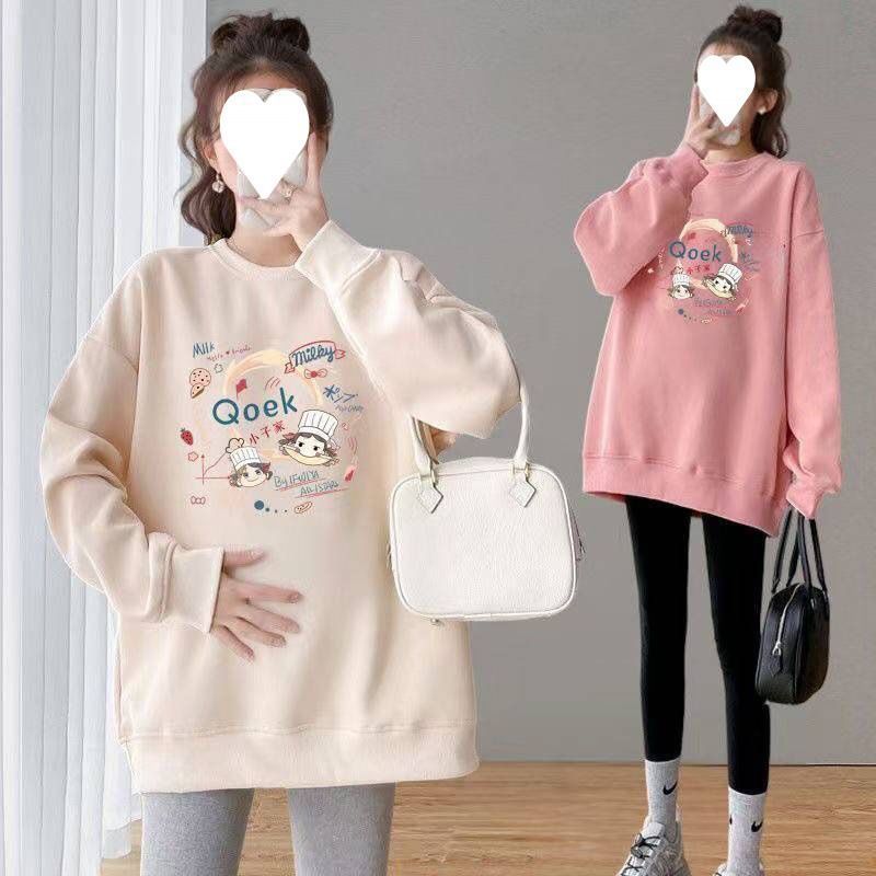 (2개) 임산부용 슈트 스웨트셔츠 여성용 대형 사이즈 느슨한 새로운 가을과 겨울 플러스 벨벳 두꺼워진 중간 및 긴 엉덩이 감싸는 아우터웨어 상의