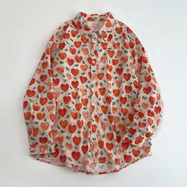 实拍 新款纯棉全身印花爱心衬衫女长袖宽松版别致小众港味衬衣