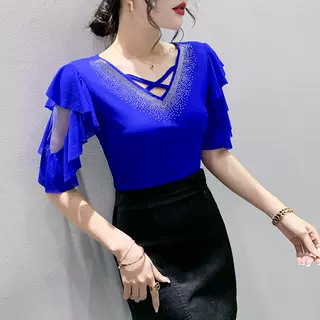 实拍2024夏季新款原创重工镶钻双层网纱荷叶短袖时尚百搭女上衣潮