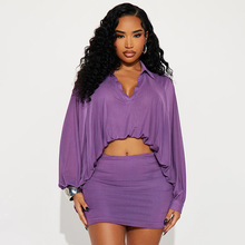 J25ST355欧美跨境秋季新款性感风纯色网眼泡泡下摆衬衫裙两件套装