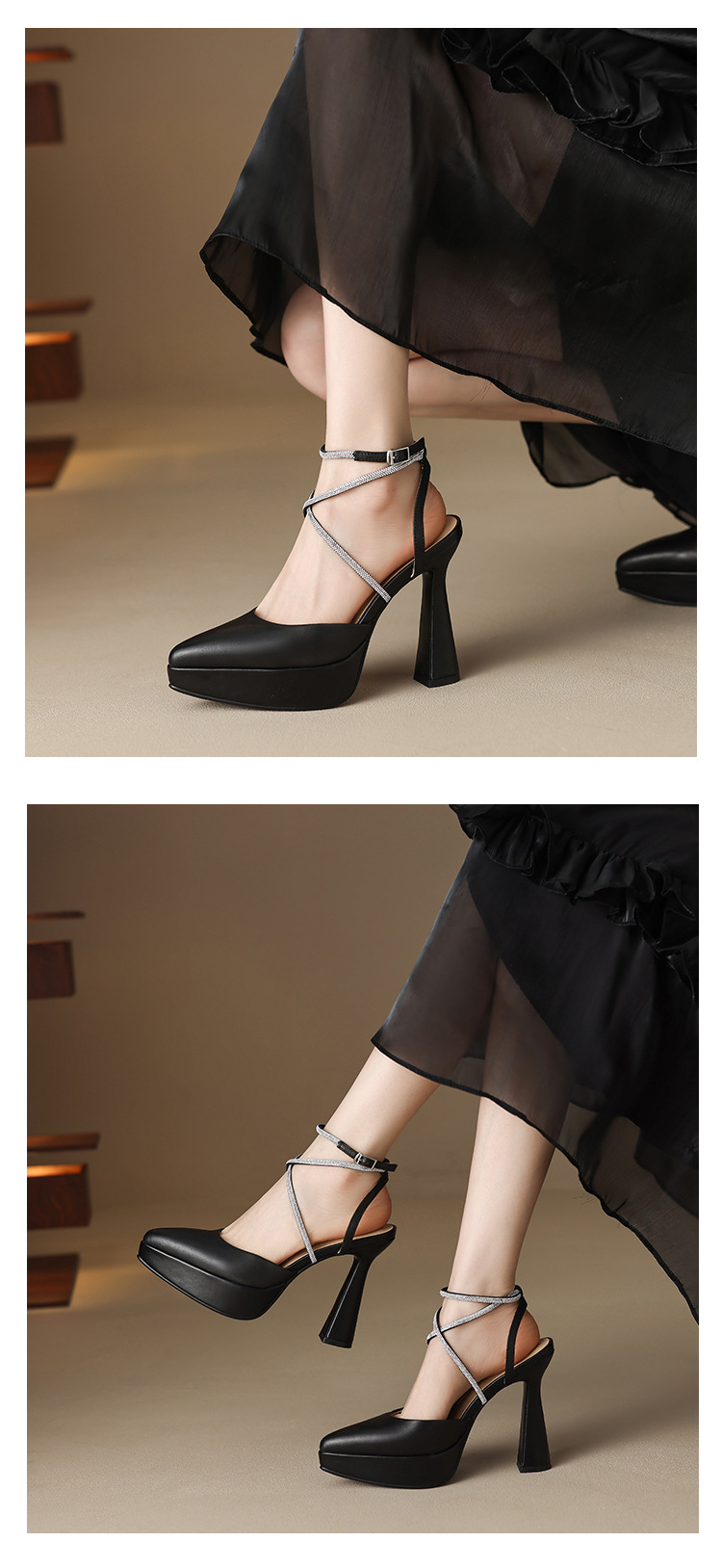 Giày sandal cao gót nữ đính đá mũi kín gót vuông platform 9 cm — màu đen, màu trắng ngà chi tiết 6