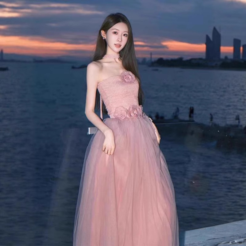 Pink Sweet Tube Top Dress Birthday Dinner Evening Dress Light Luxury Niche Waist Dress Women's Summer Temperament Long Dress