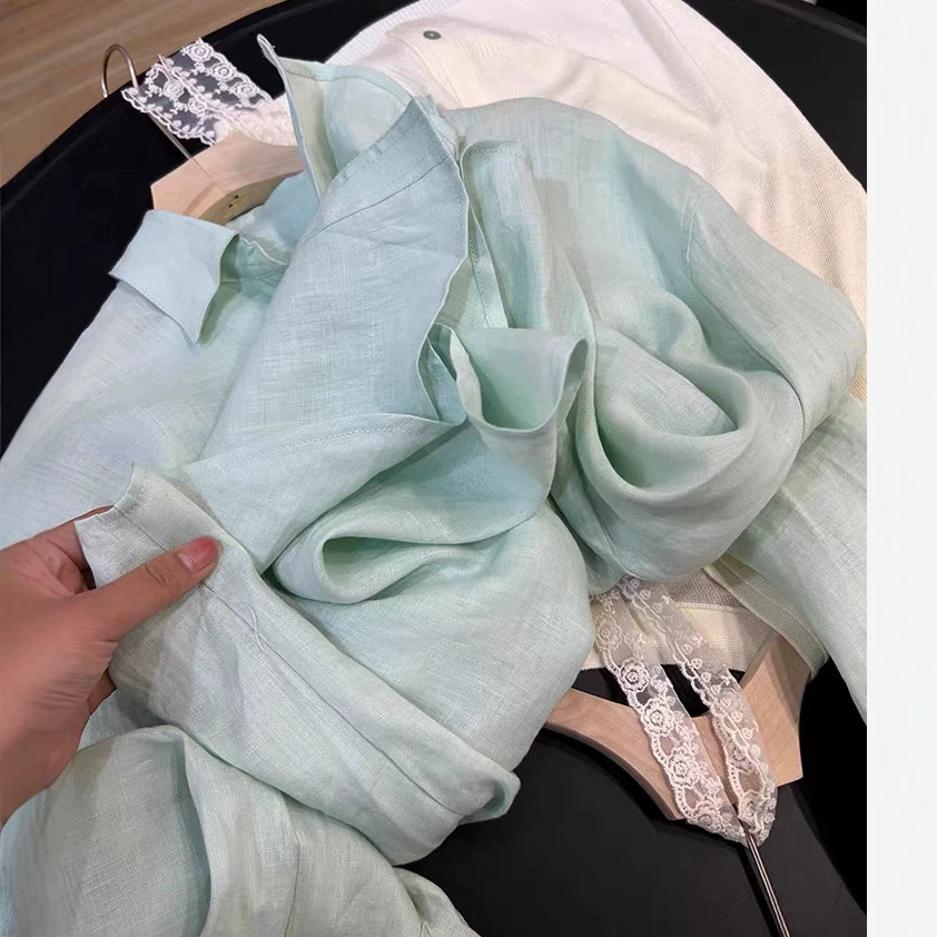 Áo sơ mi nữ chất liệu lanh mỏng nhẹ thoáng mát mùa hè — bạc hà xanh