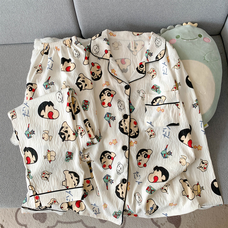 Pao azul a cuadrícula HelloKitty algodón gaza pareja pijama mujer primavera y otoño de mangas largas ropa de casa de hombre verano