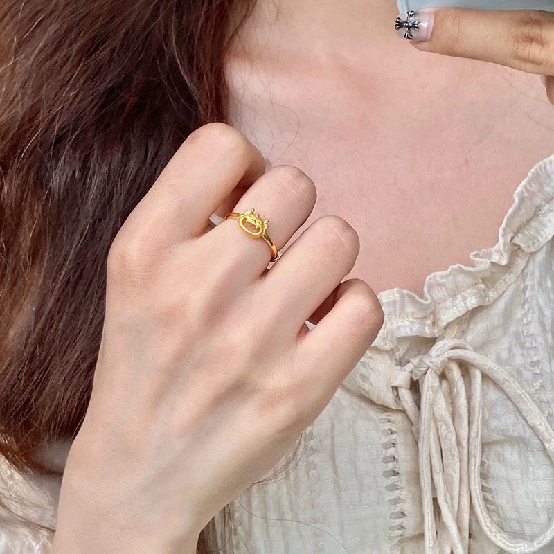Bague du zodiaque de l'année du dragon d'or du Vietnam, anneau ouvert de dessin animé, douze années du zodiaque, année du zodiaque, bague de bouche de dragon assortie_voghion.com