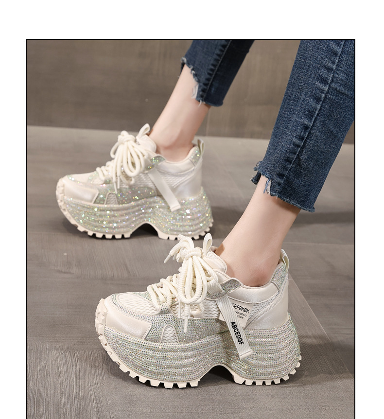 Giày sneaker nữ đế dày tăng chiều cao phối đá lấp lánh lưới thoáng khí — màu be chi tiết 12