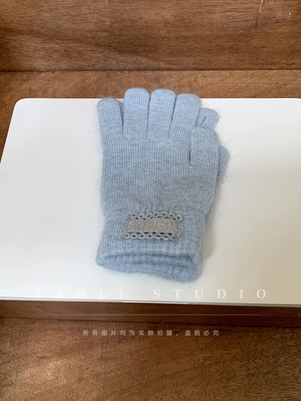 含兔毛蕾丝边贴布～秋冬氛围针织纯色毛线手套女保暖露指可触屏|undefined