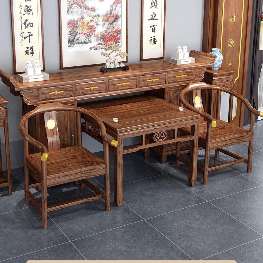 Solid Wood Six-Piece Altar Set for Rural Hall Furniture, Household Living Room Eight Immortals Table with Upturned Legs