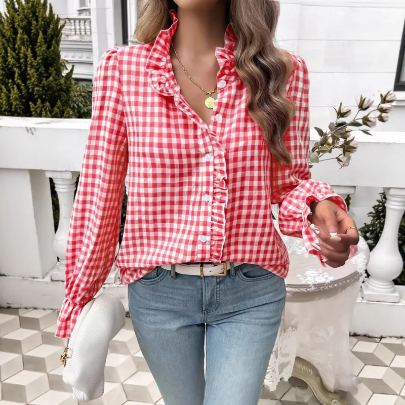 Cross-Border Spring New French Fashion Elegant Long-Sleeve Shirt V-Neck Plaid Lace Women's Chic Early Spring Top