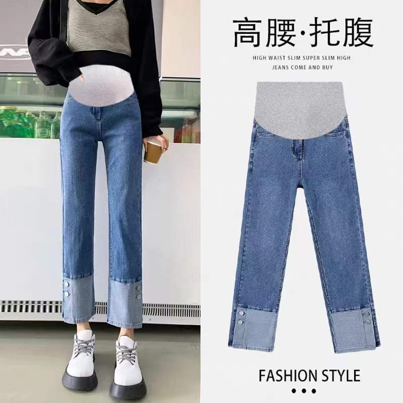 Pregnant Women's Jeans Autumn New Slim Fashion Button Tide Mom Comfortable Outer Wear Straight Pants Autumn Blue Black
