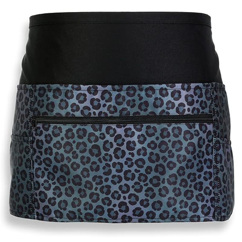 Delantal floral con estampado de leopardo transfronterizo, cremallera, bolsillo grande, encaje, falda corta ajustable, ropa de trabajo de camarero, delantal