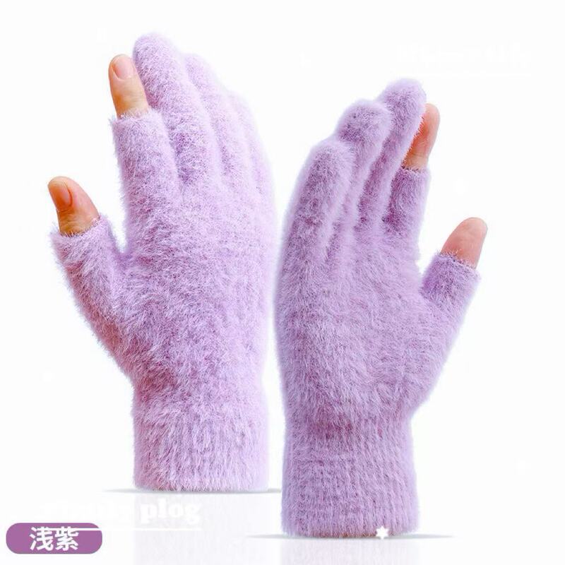 男性と女性のための模造ミンクベルベット手袋、ベルベットと厚い指、2つのハーフフィンガー、携帯電話で遊ぶためのファッショナブルなニット手袋|undefined