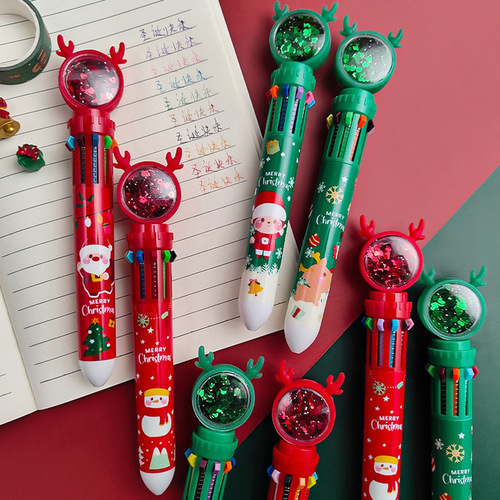 Christmas cartoon ten-color ballpoint pen, cute and creative multi-color 10-in-1 press pen, student color multi-function oil pen