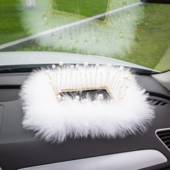 Car-mounted feather, pearl, and fur anti-slip mat with deer figurine—creative, goddess-inspired, adorable car interior decor.