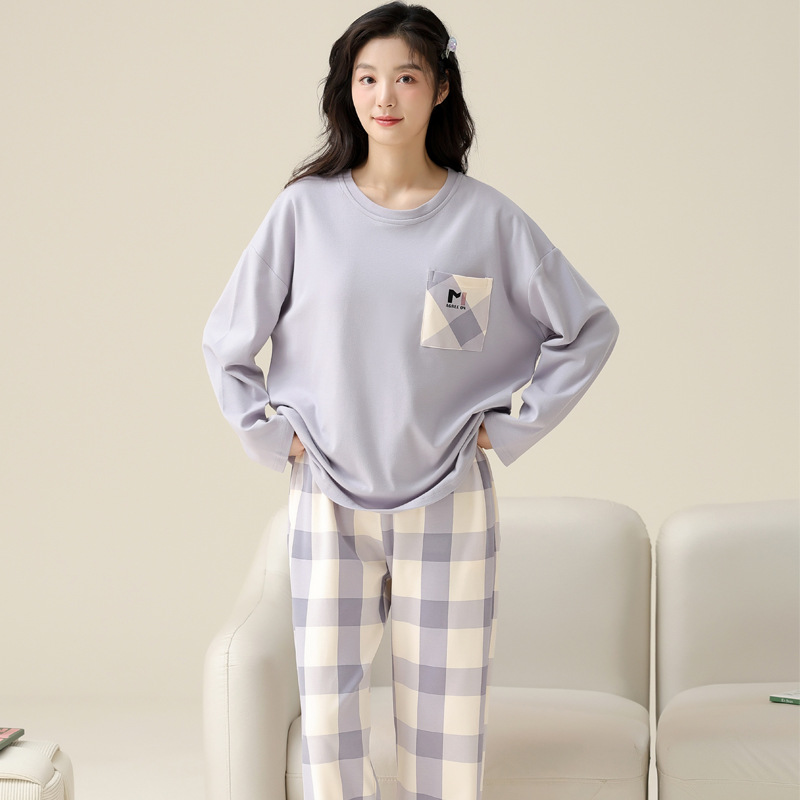 [100% algodón] pijamas de las mujeres de primavera y otoño de algodón puro con almohadilla en el pecho de manga larga ropa para el hogar traje de dos piezas se puede usar fuera dulce