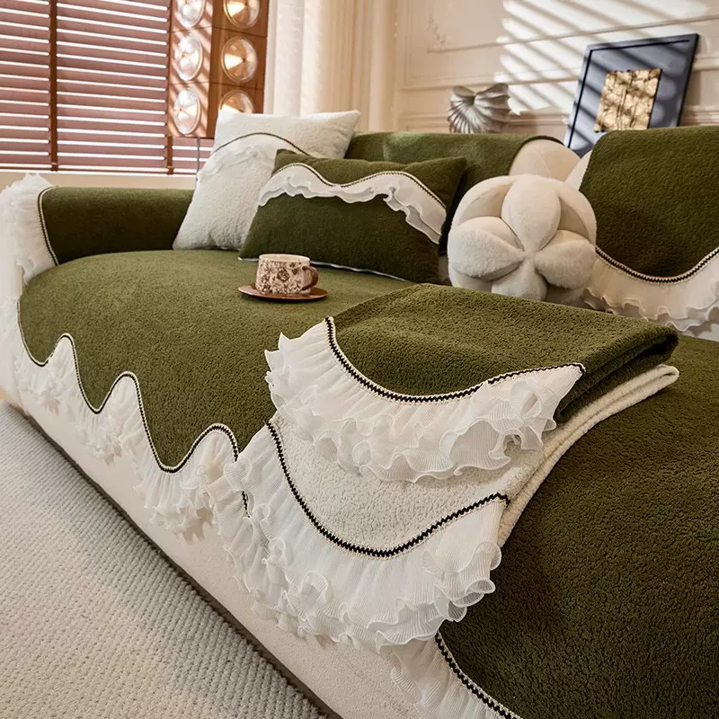 沙发垫欧式雪尼尔蕾丝花边绿色沙发巾轻奢高级感复古坐垫防滑加厚