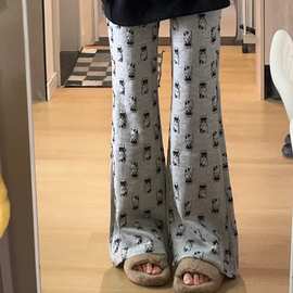 卡通立体猫咪针织裤女2023新款休闲宽松垂感显瘦直筒马蹄裤微喇裤