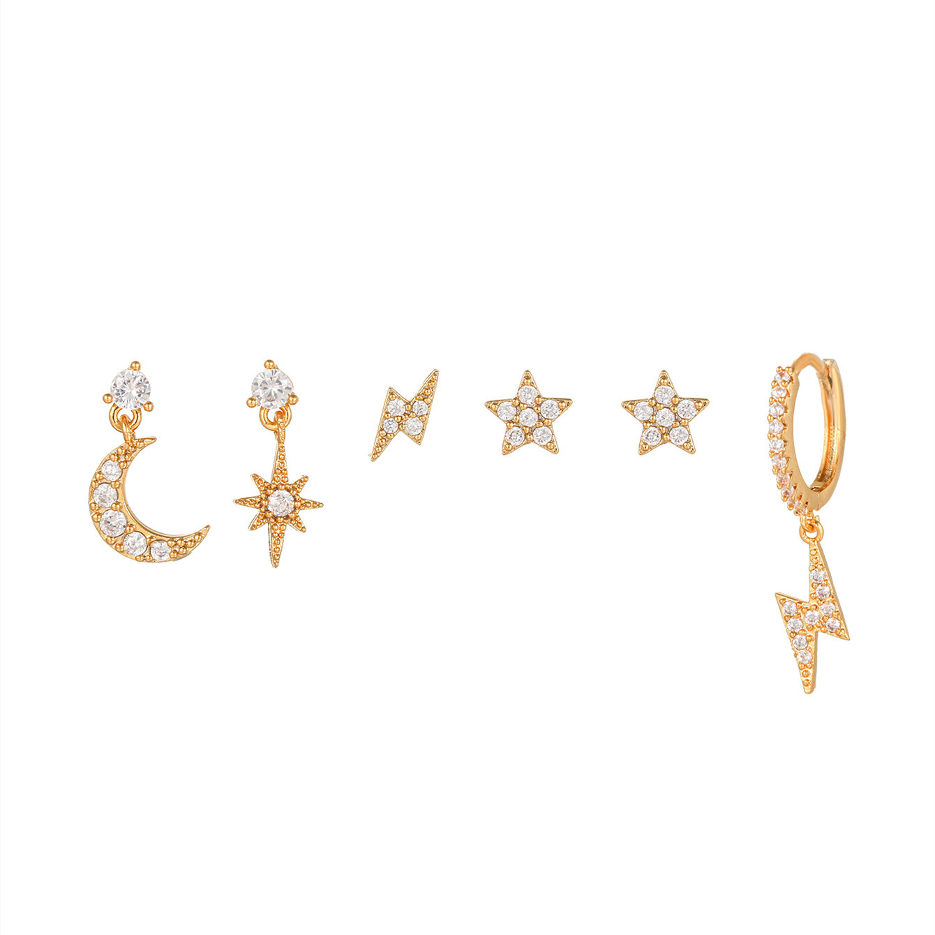 Star, Moon, Lightning Pattern 6 Pieces Fashion Star Moon Lightning Copper Plating Zircon Earrings