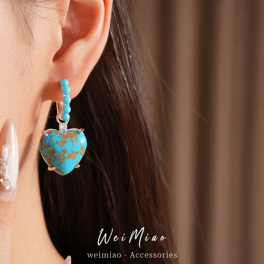 Medieval vintage azul cuentas de piedra amor perlas personalidad pendientes de nicho ligero lujo alta sensación de auriculares