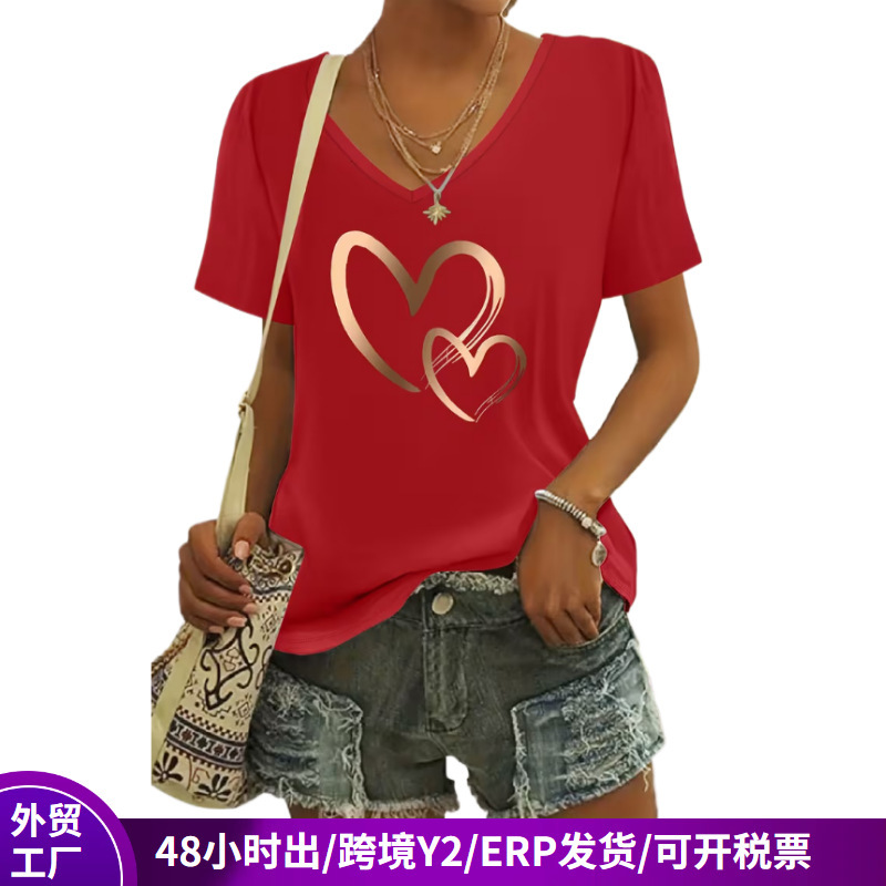 2026 Amazon's New V-Neck Printed Short-Sleeved T-Shirt for Women, European and American Cross-Border Tops, Loose Sports Summer Tops
