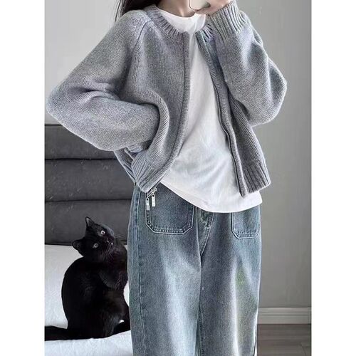 Gray short sweater coat, women's spring and autumn 2025 new style loose zipper cardigan, long-sleeved knitted top
