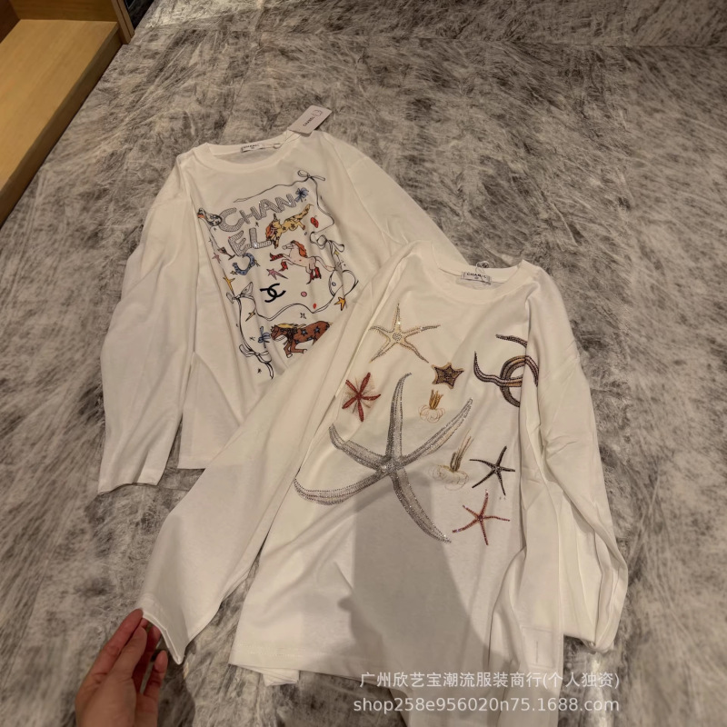 26 Spring/Summer New Vintage Starfish Print Rhinestone Round Neck T-Shirt White Loose Casual Lazy Style for Women