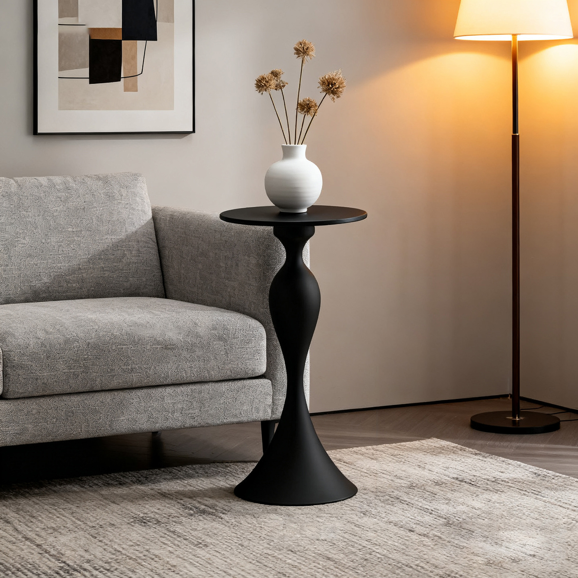 Salón de estar de lujo ligero, esquina de mesa de té doméstica, armario de cabecera de hierro forjado simple, mesa creativa móvil
