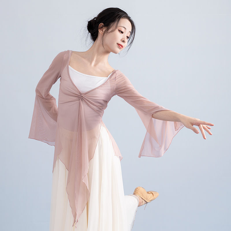 古典舞踊のオリジナル妖精中国舞踊の服、女性のエレガントでスリムな女性の練習服、メッシュダンストップス|undefined