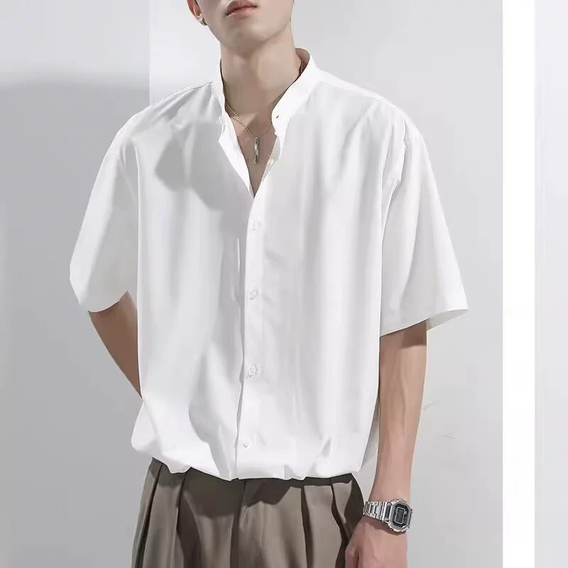Мужская рубашка из ледяного шелка с короткими рукавами, лето 2024, тонкая черная повседневная рубашка большого размера, водонепроницаемая свободная высококачественная рубашка в дюймах