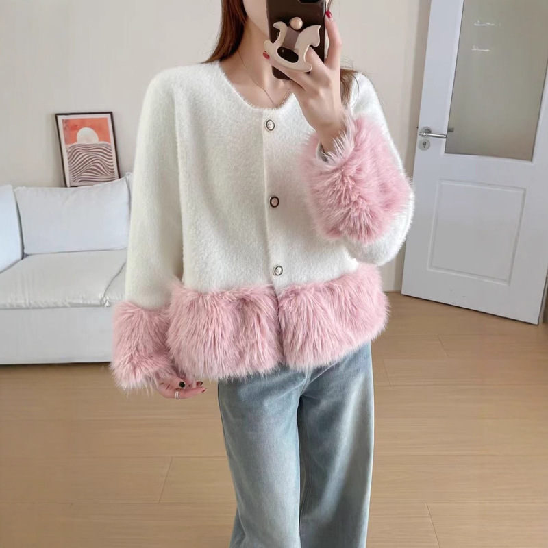 French Style Small Fragrant Style Splicing Fur Knitted Cardigan for Women 2025 Autumn and Winter New Imitation Mink Velvet Sweater Jacket