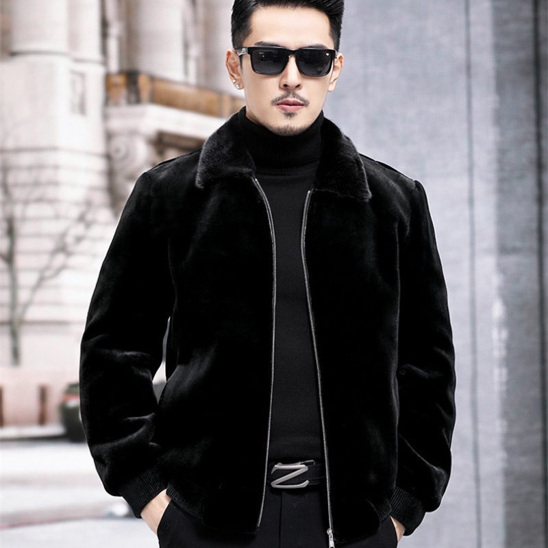 Haining Men's Golden Mink Velvet Jacket Coat Imitation Mink Fur Lapel Dad Clothes Middle-Aged and Elderly Winter Thickened 2024 New Style