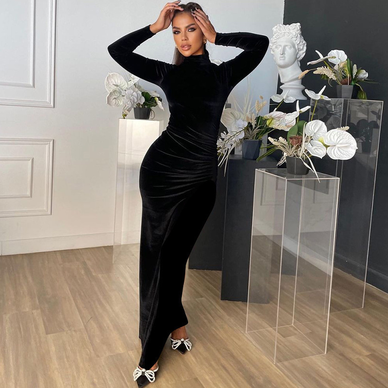 2025 European and American Style Autumn and Winter New Sexy High-Neck Long-Sleeve Velvet Pleated Slim Long Dress Factory Supply