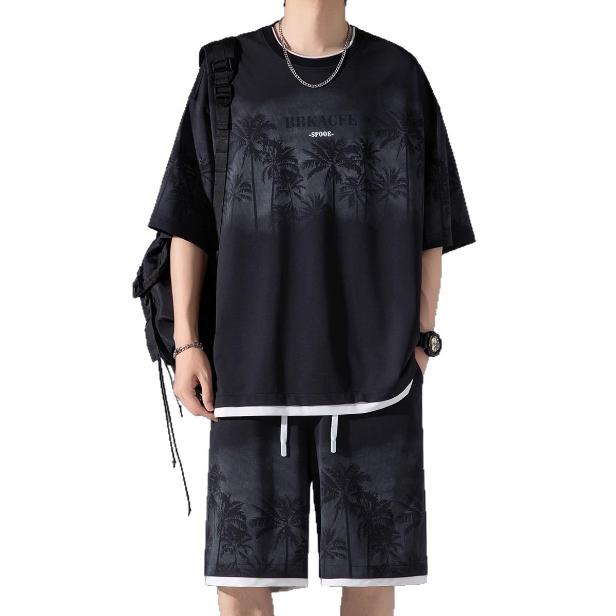 High-End Tie-Dye Ice Silk Short-Sleeved T-Shirt Men's Shorts Summer Suit Trendy Brand Men's Sports Wear a Complete Set of Clothes