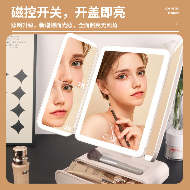 Cosmetic Mirror Led Smart with Light Desktop Desktop Dormitory Foldableing Portable with Drawer Storage Vanity Mirror Charging