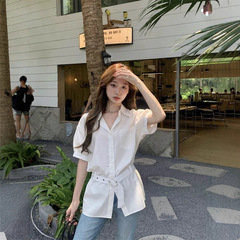 法式小资白色收腰泡泡短袖衬衫女初夏独特漂亮高知miu系掐腰上衣