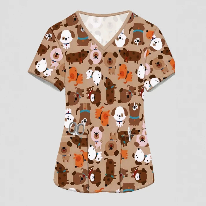 2026 Hot Selling New 3D Digital Print Women's Short Sleeve T-Shirt Nurse Workwear Top with Pockets