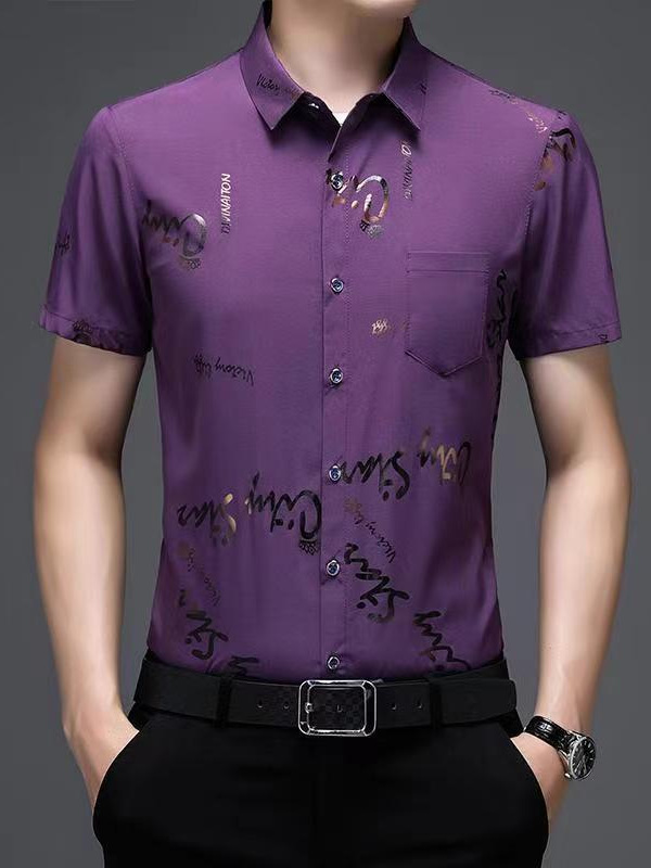 Nueva camisa floral de media manga para hombre de verano de seda de hielo sin planchar camisa de manga corta de moda para hombre camisa floral de solapa superior