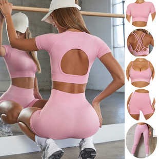 2022INS New European and American Cross-border Seamless Yoga Suit Women's Sports Fitness Short-sleeved High Waist Hip-lifting Pants Set