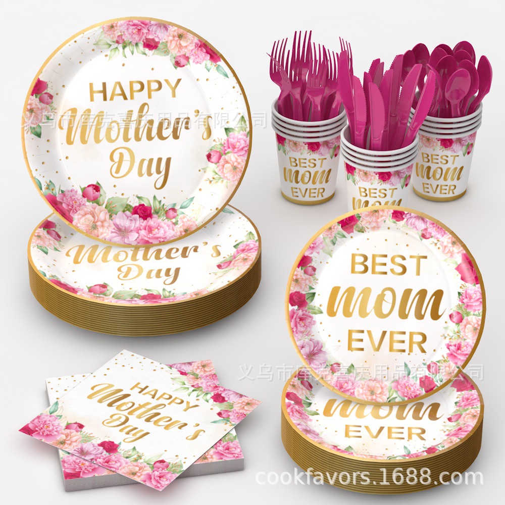 Nueva Mother's Day Flower Theme Party Bandeja de papel Taza de papel Toallas de papel Decoración de la fiesta del día de la madre