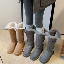 厚底圆头保暖雪地靴女皮带扣加绒加厚高筒靴毛毛长靴东北棉靴批发