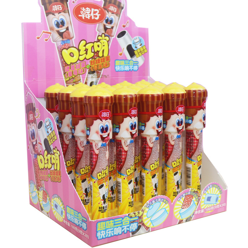 韩仔口红哨三合一硬质糖果草莓味粉糖酸奶味儿童零食玩具糖果批发