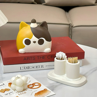 Ceramic Cat Toothpick Cotton Swab Holder Creative Household High-End Toothpick and Floss Two-In-One High-Value Storage Jar Ornament