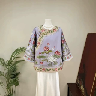 【之李】新中式重工刺绣荷花衬衫2026秋季新款圆领大气轻奢上衣女