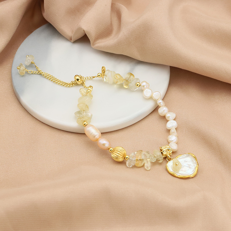 Pulsera de perlas naturales de agua dulce barroco pulsera de cristal amarillo adorable nicho joyas de oro real 18k joyas galvanizadas