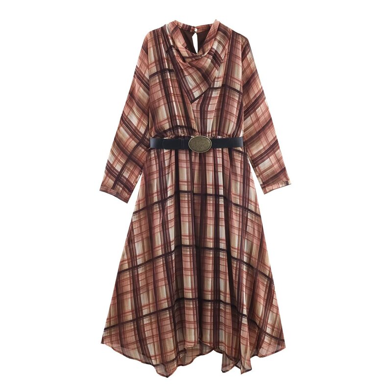 European and American Export Wholesale 2025 Autumn and Winter New Women's Fashion Versatile Plaid Midi Dress K4-25375