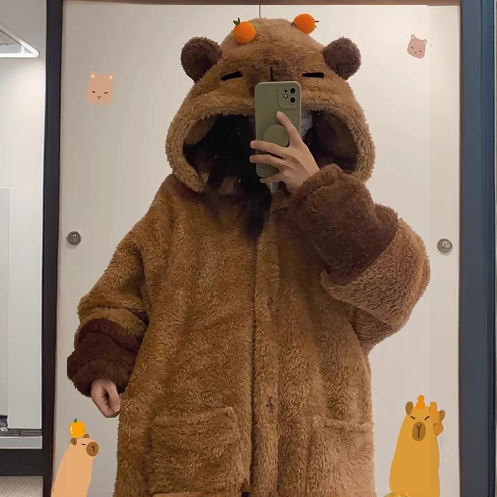 GraceChic GraceChic Coral Fleece Pajamas For Women Kapibara Long Nightgown Girl's Homewear Autumn Winter Bathrobe Thickened And Warm_voghion.com