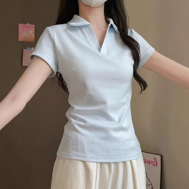 Korean-Style Dopamine Blue Short-Sleeve T-Shirt for Women, Slim Fit, Unique Design, Waist-Cinching, Slimming Polo Shirt Top