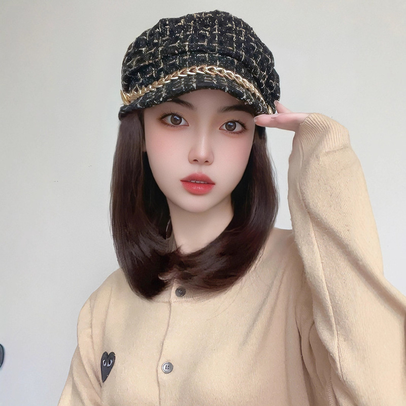 Wig Hat Integrated Women's Fall/Winter 2022 New Fashion Small Style Octagonal Cap Simulation Clavicle Hair Full Head Cover