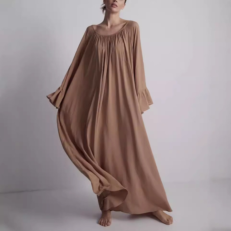 Autumn Hot Style Lazy Style Robe Cross-border European and American Women's Home Clothes Casual Comfortable Solid Color Loose dress